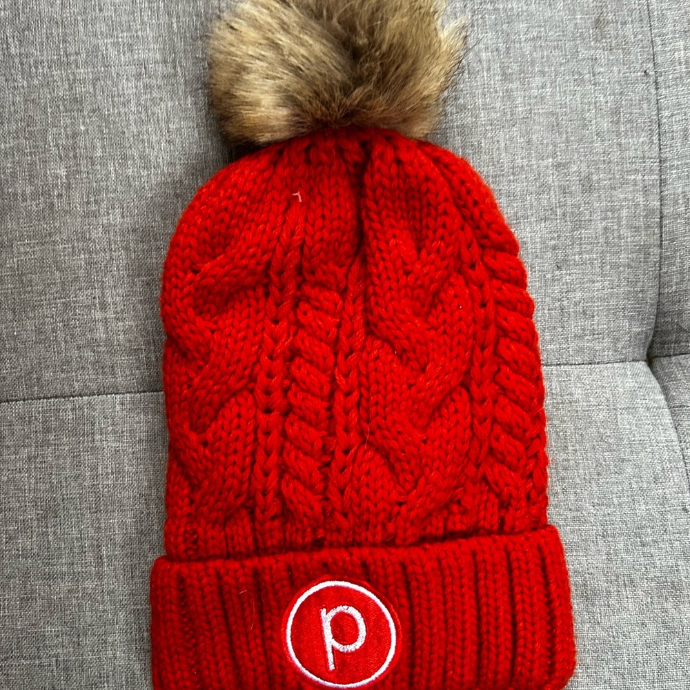 Pure Barre Red Cable Knit Beanie with Faux Fur Pom-Pom